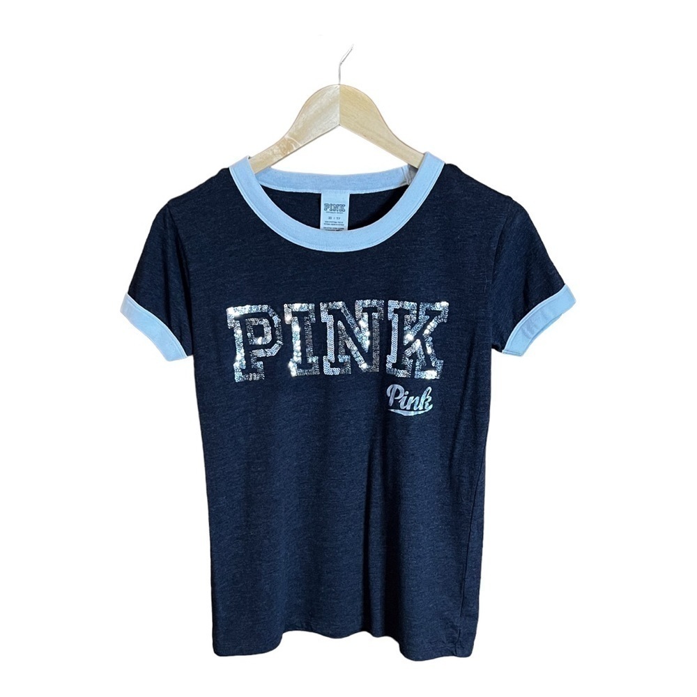 𝅺pink brand Juniors Logo Sequin Gray top, size X-Small